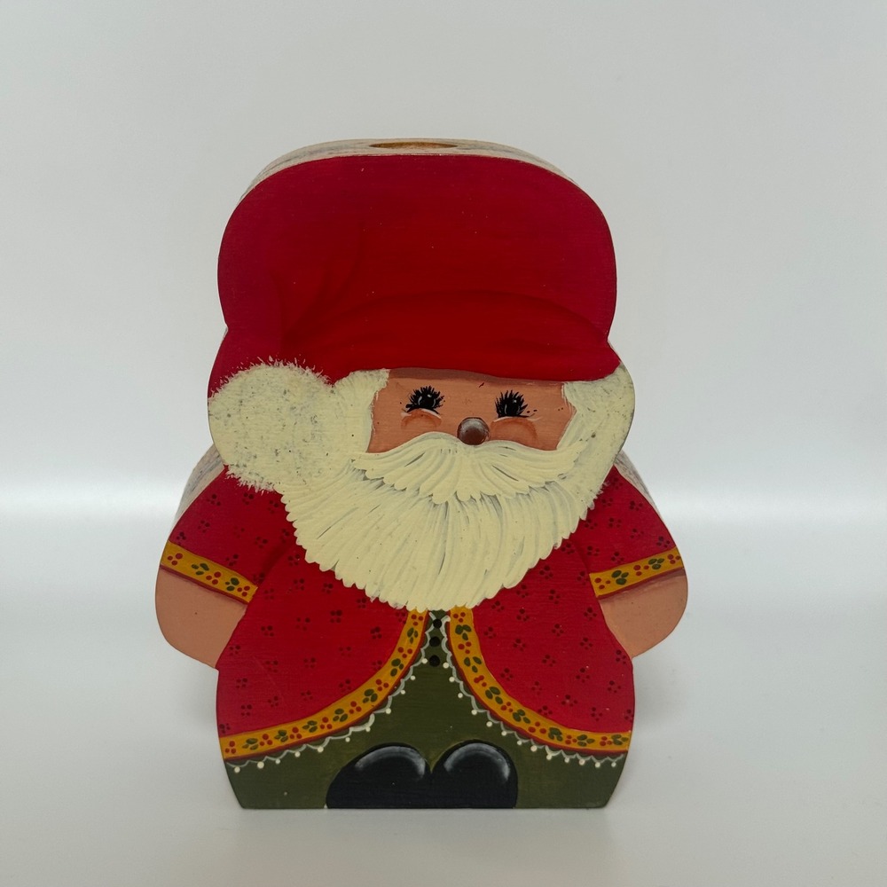 Vintage Wooden Santa Claus Candle Holder Hand Painted Folk Art Decor Cottagecore